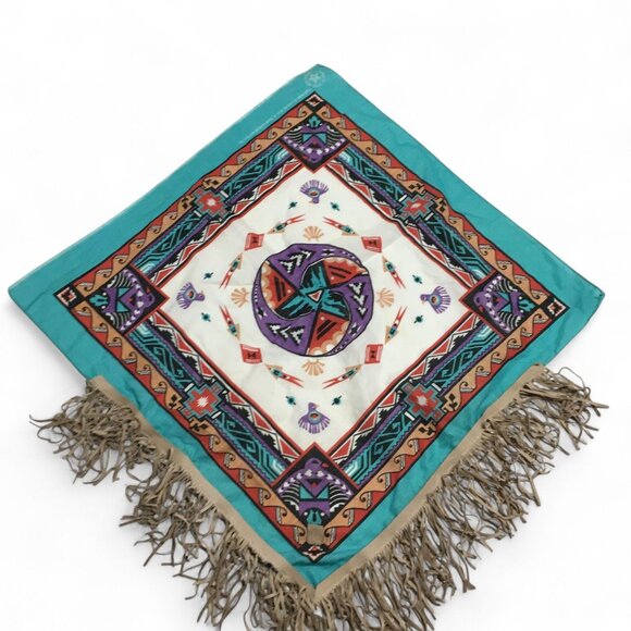 Vintage Wamcraft Scarf Kerchief Concha Thunderbird Fringe Leather RARE 22"x21.5" - Picture 8 of 8